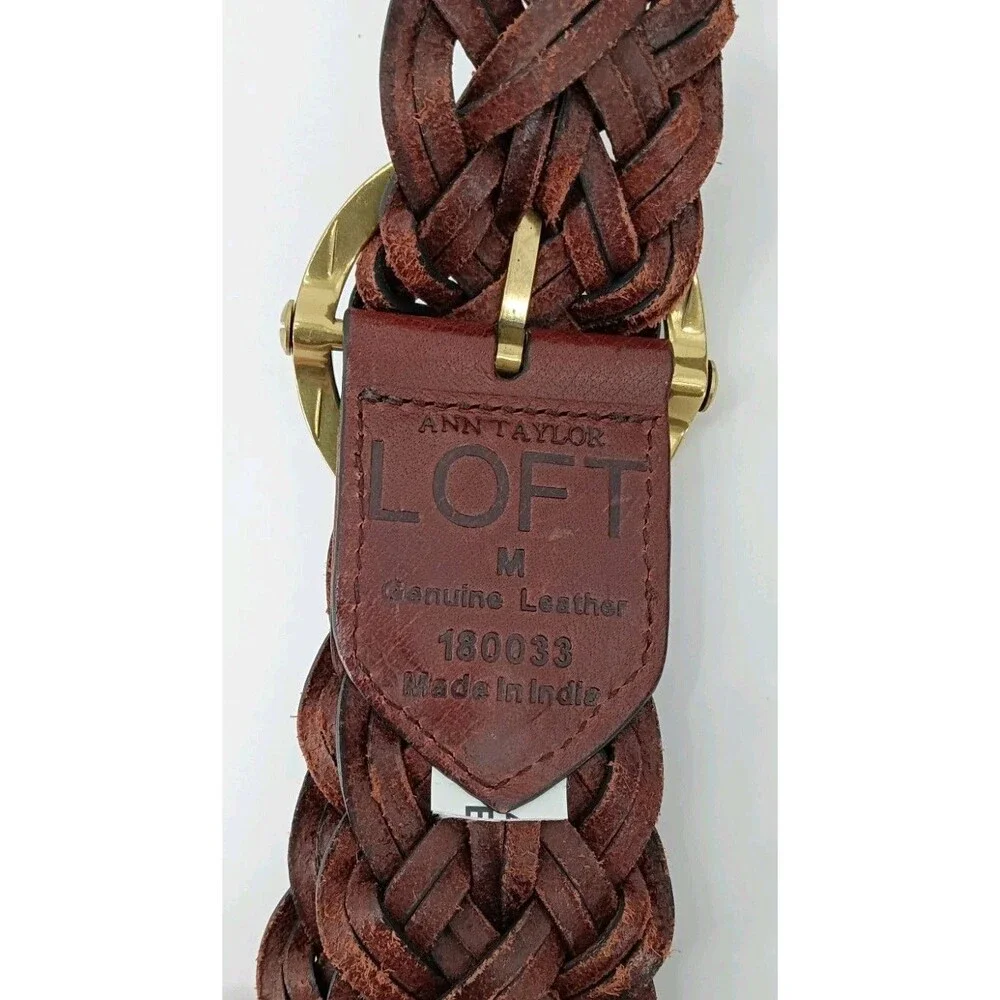 LOFT Woven Braided Leather Belt Brown Gold Circle Buckle Medium Boho Western